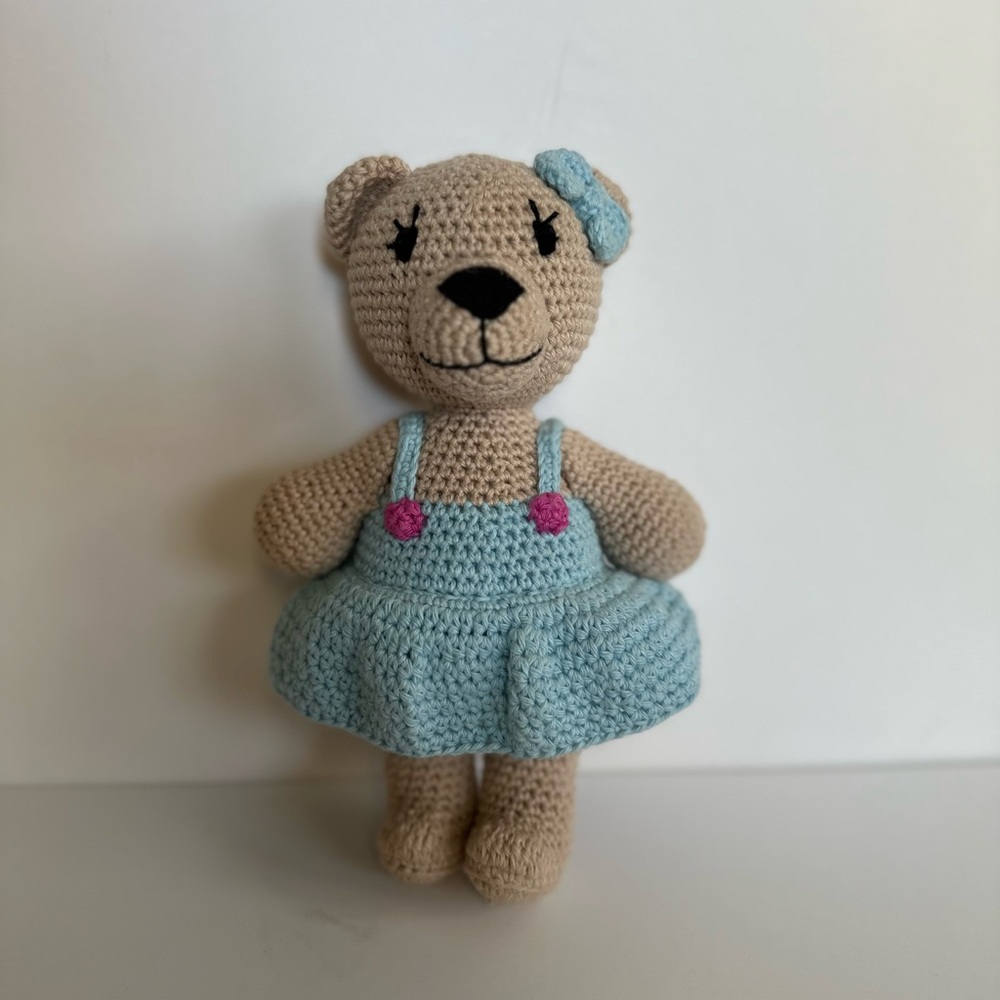Wuaman Kids 8” Handmade Crochet Bear With Blue Bow And Dress - Sold‎ Out Online
